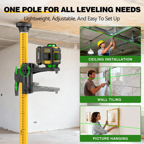 4x360 Degree Self Leveling Laser Level With Tripod And Pole, Green Line 360 Degree Laser, Boss-Level Precision Horizontal And Vertical Alignment, 2 Li-ion Batteries, Great For Picture Hanging, Tile, And Home Renovation. Adjustable pole and tripod kit for ceiling installation and tiling