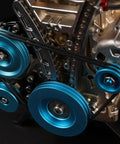Premium Metal Inline Four Cylinder Engine Model Kit That Runs Sick And Tight Motorized Assembly Featuring Anodized Aluminum Craftsmanship close-up of blue pulleys and belt system.