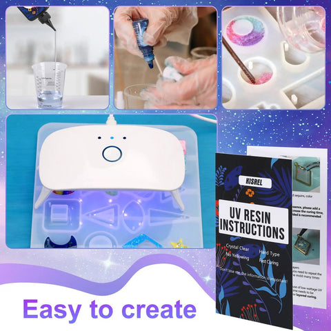Collage showing UV Resin Jewelry Kit With 300G Crystal Clear Resin, UV Lamp, molds, instructions, and mixing process.