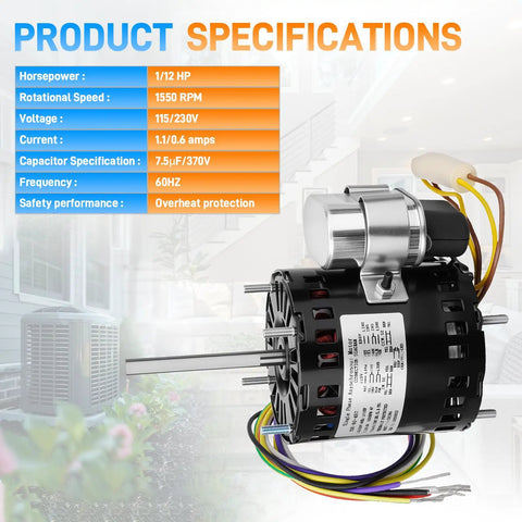 Refrigeration Fan Motor Replacement For D1127 D1123 D1124 D1126 D1152 D1154 1/12 HP 1550 RPM 115/230V 60 Hz HVAC Blower Motor