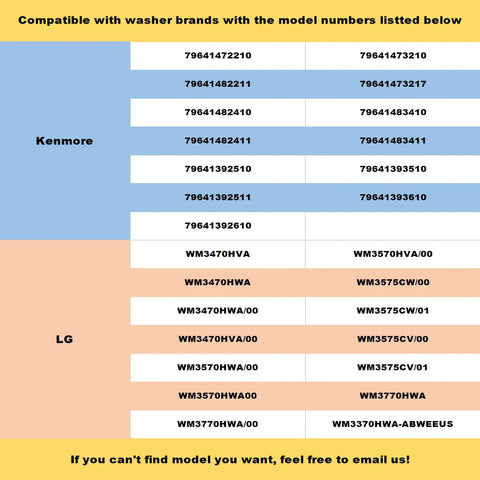 Compatibility chart showing washer models for Washer Door Boot Gasket Replacement For LG And Kenmore Front Load Washers Easy Fit.