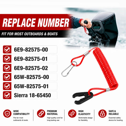 Boat Engine Safety Kill Switch Lanyard Cord with PU Rope and ABS Clips next to outboard motor replacement number chart.