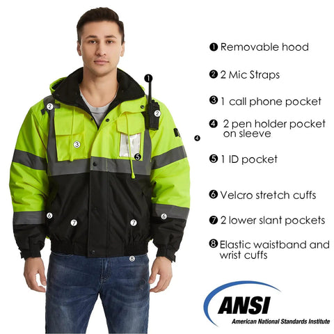 High Visibility Reflective Work Jacket For Men Waterproof ANSI Class 3 Hi Vis Yellow Coat With Pockets Black Bottom Cold Weather