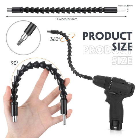 Flexible Drill Bit Extension Set With One Quarter Inch Hex Shank Bendable Extension And 105 Degree Right Angle Adapters 14 Piece Kit