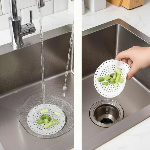 Universal Five Inch Silicone Shower Drain Hair Catcher in action, catching food debris in a kitchen sink.