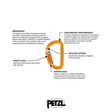 Diagram showing features of Sm'D Carabiner With TRIACT-LOCK, Lightweight D-Shape Climbing Biner In Bright Yellow, ultra-compact 41-55g