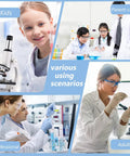 Collage of High Power Compound Microscope With 40X To 2500X Magnification For Adults And Kids showing various educational uses.