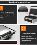 Heavy Duty Stainless Steel Commercial Electric Sandwich Grill And Bread Press Non Stick Double Sided Plates Grooved Coating with anti-scald handle.