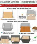 Illustration showing two installation methods for undermount drawer slides 18 inch black with soft close bottom mount pull out shelf rails.