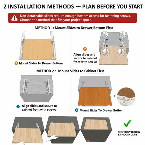 Illustration showing two installation methods for undermount drawer slides 18 inch black with soft close bottom mount pull out shelf rails.