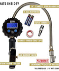 FlowPro Digital Tire Inflator With Pressure Gauge 200 PSI for precise tire inflation showing 18 inch steel braided hose, LCD display, and accessories.
