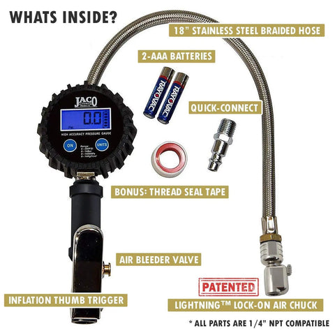 FlowPro Digital Tire Inflator With Pressure Gauge 200 PSI for precise tire inflation showing 18 inch steel braided hose, LCD display, and accessories.