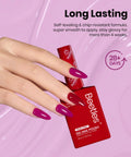 Hand with burgundy nails holding Six Piece Gel Nail Polish Set 15ml Each Full Size Kit With Burgundy Dark Red Brown Black