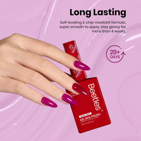 Hand with burgundy nails holding Six Piece Gel Nail Polish Set 15ml Each Full Size Kit With Burgundy Dark Red Brown Black