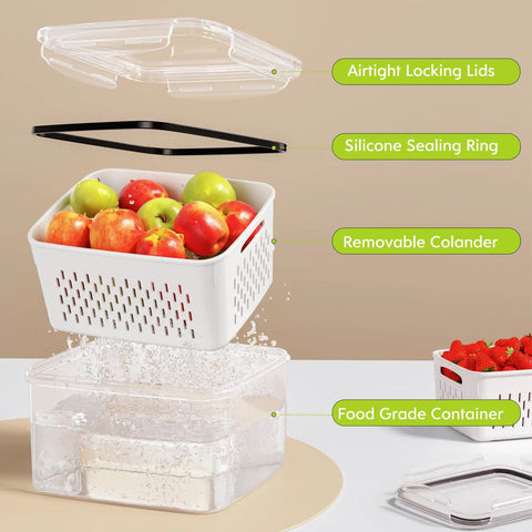 Five Pack Fridge Storage Containers With Removable Colanders, Leakproof Lids, And Clear Lids, From Extra Large To Mini, great for storing fruits with visible colander and water drainage.