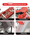 Full Automatic Double Flap Case Sealer Tape Machine For Folding Cartons Adjusts From 3.15 To 19.68 Inches Wide And High showing sealing head, lock headwheel, dual motor, and altitude scale features.