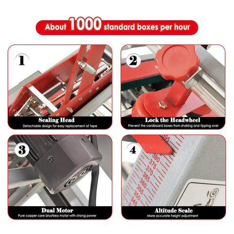Full Automatic Double Flap Case Sealer Tape Machine For Folding Cartons Adjusts From 3.15 To 19.68 Inches Wide And High showing sealing head, lock headwheel, dual motor, and altitude scale features.