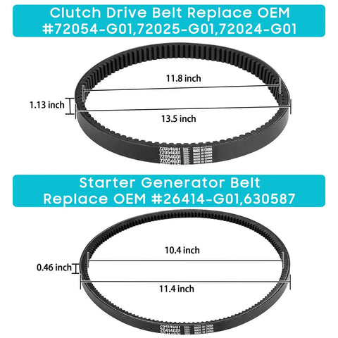 Drive And Starter Belt Kit For EZGO Gas Golf Carts 1994 And Newer, showing dimensions and OEM replacement numbers.