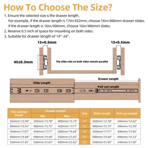 20 Inch Full Extension Drawer Slides With Soft Close, Heavy Duty Cabinet Drawer Tracks, 45mm Width Ball Bearing Rails, 3 Fold Adjustable Self Closing, 40kg Load Capacity, Durable Steel Mechanical Runner For Kitchen Cabinets And Dressers size chart