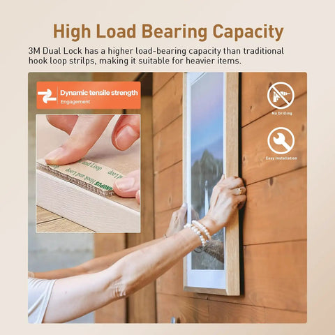 Hand applying 3M Dual Lock Reclosable Fastener Tape 2 Inch Wide By 7 5 Feet Long Roll on wall for secure mounting.