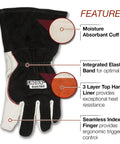 DynaMIG HD Pro Grade MIG Welding Gloves Built For Pros With Heat Resistant Inside Liner Three Layer FlameSoft On Top Hand And Cotton On Bottom For Dexterity Grain Leather Palm Seamless Trigger Finger Medium Size K3806M showing features like moisture absorbent cuff, elastic band, and 3-layer liner.