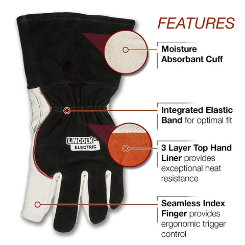 DynaMIG HD Professional MIG Welding Gloves With Heat Resistant Inner Liner And Cotton Dexterity Layer All Day Comfort Large Size Black Versatile For Hot Work And Precision Welds featuring moisture absorbent cuff and seamless index finger.