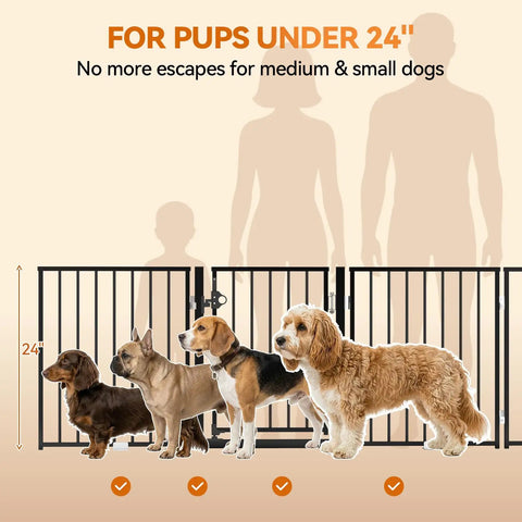 Extra Wide 60 Inch Free Standing Dog Gate For Home Doorways, showing 24 inch height with dogs for medium & small pets.