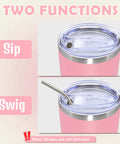 20 Ounce Stainless Steel Tumbler With Secure Lid Pink Insulated Coffee Cup showing sip and swig options for versatile use.