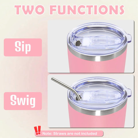 20 Ounce Stainless Steel Tumbler With Secure Lid Pink Insulated Coffee Cup showing sip and swig options for versatile use.
