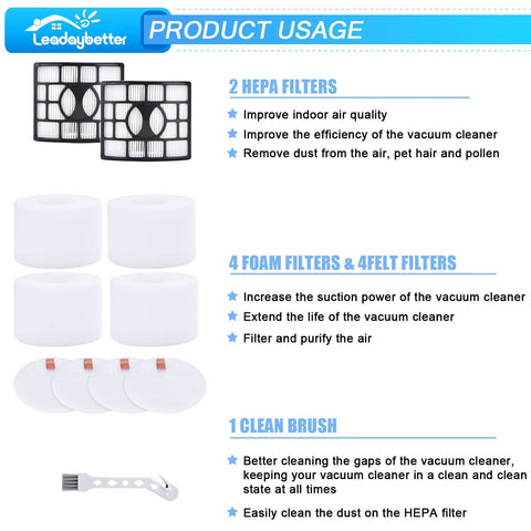 Leadaybetter 2+4 replacement filters for Shark Rotator DuoClean; includes 2 HEPA, 4 foam and 4 felt filters, brush