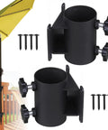 Heavy Duty Patio Umbrella Holder Clamp Mount For Deck Railings And Outdoor Spaces, No Fuss Super Sturdy Steel Umbrella Stand For Rails Fences Balcony Or Courtyard, Easy Install On 1.5 To 2 Inch Poles showing installation on deck railing