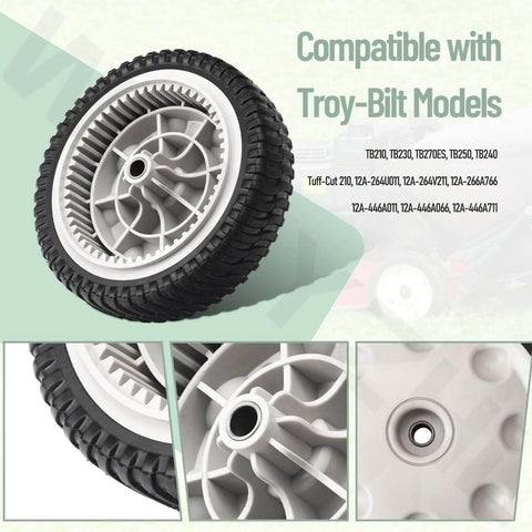 Two Pack Eight Inch Front Wheel Drive Assembly For Walk Behind Mowers Fits MTD Troy-Bilt Craftsman Replaces 634-06986 703386 634-0244 734-04475 Durable Plastic And Rubber Wheel Set With One Half Inch Bore And Two And One Eighth Inch Width.