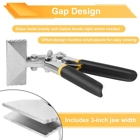Sheet Metal Bender Pliers with 3 inch offset jaw and seven and a half cm long jaw for tight spaces, ergonomic handle visible.