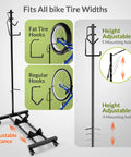 Vertical Bike Stand With Easy Rolling Wheels And Adjustable Height For 29 Inch Wheels, showing hooks and height adjustments.