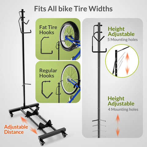 Vertical Bike Stand With Easy Rolling Wheels And Adjustable Height For 29 Inch Wheels, showing hooks and height adjustments.