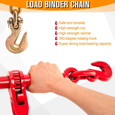 Close-up of Heavy Duty Chain Binders And Tie Down Chains 3/8 To 1/2 Inch 10 Foot Length With G70 Hooks Ratchet Load Binders, showing hook and chain detail.