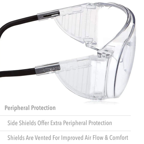 Ultra-Spec 2000 Visitor Safety Glasses With Clear Uvextreme Anti-Fog Lens side view showing vented side shields for peripheral protection
