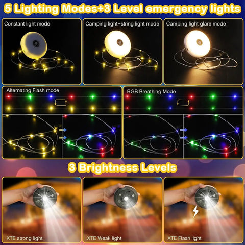 Rechargeable Camping String Lights 32.8ft With 8 Lighting Modes, Waterproof LED Tent Lights display multiple modes and brightness levels