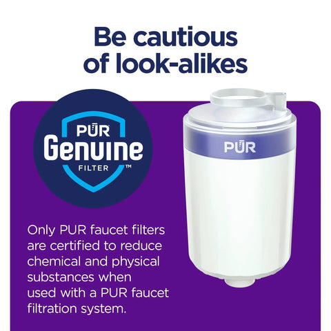 PUR faucet filtration system component shown with caution message against look-alikes, highlighting genuine PUR filter.