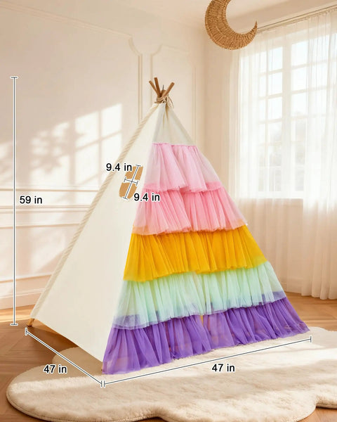 Kids Teepee Tent Indoor Playhouse With Star Lights And Rainbow Gauze Tulle Foldable Princess Style Play Tent for Girls shown