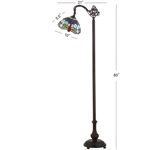 Dragonfly Tiffany-Style 60-Inch Arched LED Floor Lamp In Bronze with stained glass shade, energy-saving LED, ETL listed