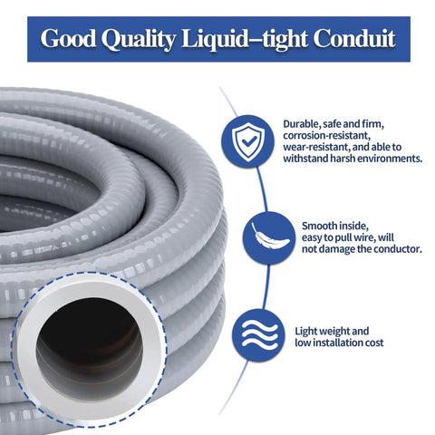 No Brainer Half Inch Liquid Tight Conduit And Connector Kit 150 Ft Flexible Non Metallic Electrical Tubing coiled with smooth finish for wiring.