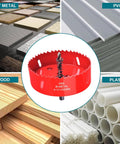 Beast Mode Bi Metal 4 Inch Hole Saw With Arbor And Pilot Bit visible with cutting teeth beside wood, metal, PVC, plastic samples