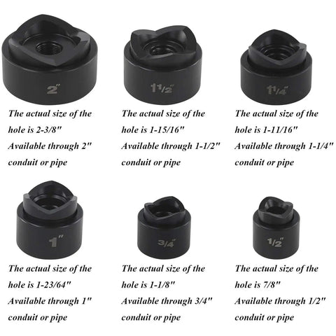 Hydraulic Knockout Hole Punch Set 1/2 To 2 Inch Electrical Conduit Cutter, showing 1/2 to 2 inch round metal punches.