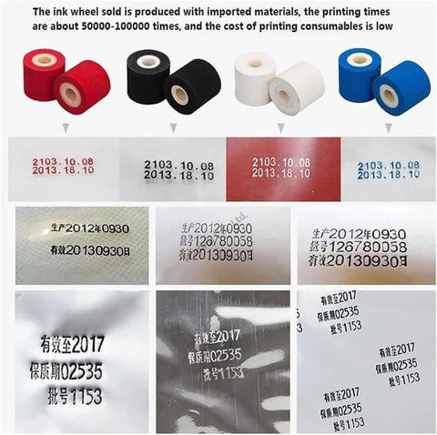 Colorful ink wheels and printed date codes showcasing Gtannd Automatic Ink Wheel Marking Machine, Stainless Steel Batch Code Printer.