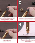 Step-by-step setup of Workhorse Leather Hole Punch Tool with wood handle, showing tip installation and use on leather material.