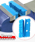 Close-up of Two Pack Rubber Vise Jaw Pads With Multi Groove Textured Inserts attached to a blue bench vise