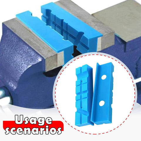 Close-up of Two Pack Rubber Vise Jaw Pads With Multi Groove Textured Inserts attached to a blue bench vise