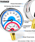 Front view of 2.5-inch stainless steel liquid-filled pressure gauge with brass 1/4 in NPT fitting and lower mount, 0–160 psi.