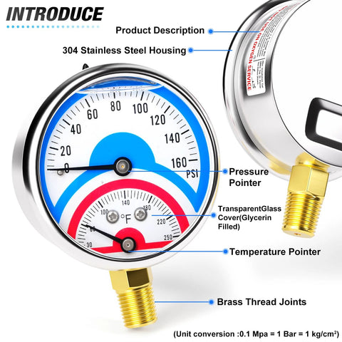 Front view of 2.5-inch stainless steel liquid-filled pressure gauge with brass 1/4 in NPT fitting and lower mount, 0–160 psi.